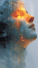 Ethereal Portrait of a Woman Merging with a Fiery Cityscape