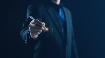 Business professional explaining system workflow using digital flowchart diagram. Concept of software process, IT consulting, corporate technology presentation, and digital transformation.