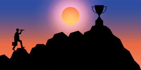 Businessman using Telescope looking for Trophy Silhouette during Sunset. Goal Achievement and Business Success Concept. Vector Illustration.