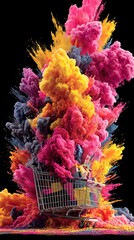Colorful Smoke Explosion Emanating from Shopping Cart Against Black