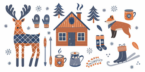 A charming winter scene with a cozy cabin reindeer and forest animals © Provhash