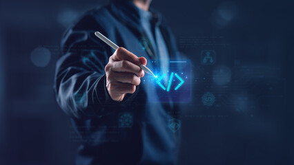 Programmer explaining coding and software development concept using a digital pen with futuristic interface on technology background. Suitable for IT solutions, programming education, system design.