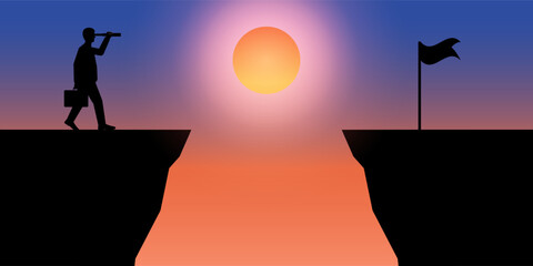 Businessman using Telescope looking for Victory Flag Silhouette during Sunset. Goal Achievement and Business Success Concept. Vector Illustration.