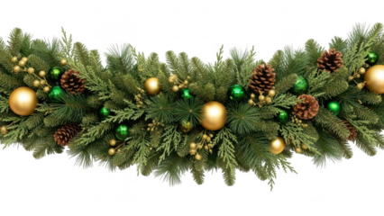 Green pine garland decorated with gold baubles and pinecones for christmas holiday decoration isolated on transparent background