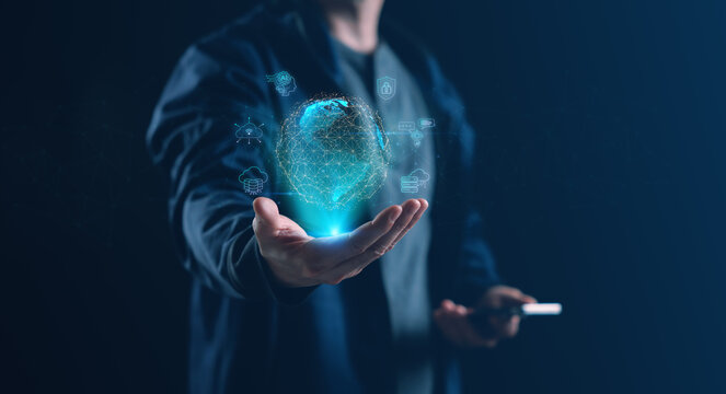 A developer interacting with a holographic globe, surrounded by artificial intelligence, cloud computing, neural network, and automation icons, representing advanced digital technology and innovation. - Powered by Adobe