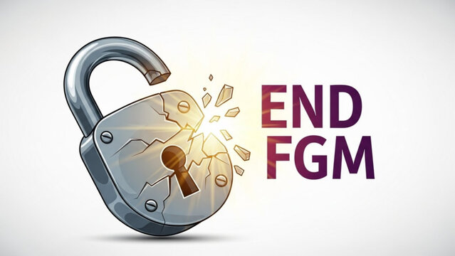 Broken padlock with text END FGM symbolizing freedom from female genital mutilation concept of human rights and liberation