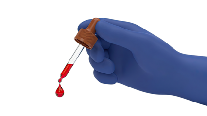 Hand in blue glove holding dropper with blood drop