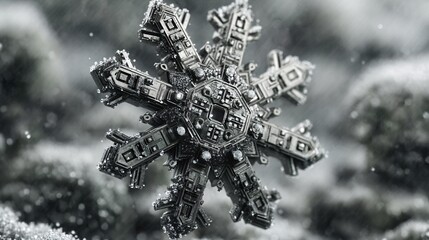 Intricate Snowflake Design with Futuristic Metallic Patterns