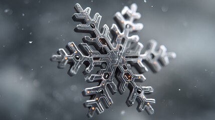 Detailed Close-Up of a Silver Snowflake on a Snowy Background