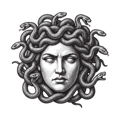 Detailed Engraving of Medusa's Head with Snakes © trianatio