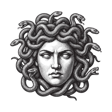 Detailed Engraving of Medusa's Head with Snakes
