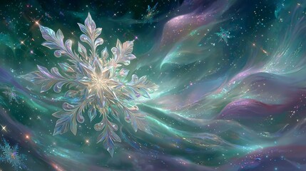 Ethereal Snowflake in a Dreamlike Cosmic Background of Colors
