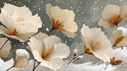 Elegant White Flowers with Snowflakes against Soft Gray Background