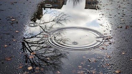 Raindrops creating ripples on wet pavement with fallen leaves