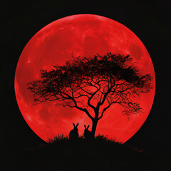 Red Moon, Fantasy Silhouette, Dark Night, Mystic Nature, Dream Scene, Lunar Fantasy, Rabbit Shadow, Surreal Night, Magic Moon