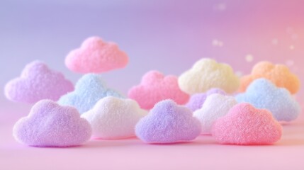 Tiny pastel clouds sculpted from soft cotton evenly spaced against a gradient background cloud is fluffy and sharp