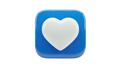 3D White Heart Icon on Blue Square Background
