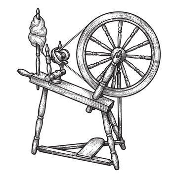 Engraving of a Vintage Wooden Spinning Wheel with Thread and Distaff