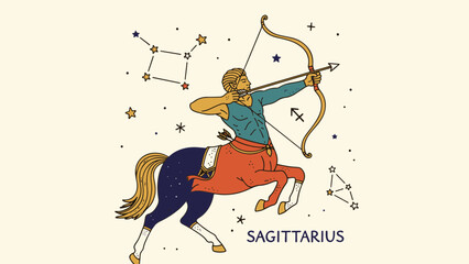 Dynamic illustration of the Sagittarius Zodiac sign, a mythical centaur archer, set against a celestial star constellation background © Bayani