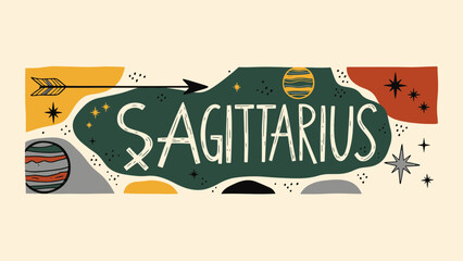 Cosmic Sagittarius Zodiac sign banner design with mystical celestial elements and astrological symbolism, ideal for modern spiritual themes