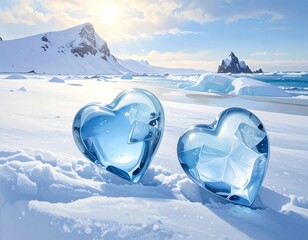 Two crystalline heart shapes sit on snowy ground with a distant mountain range and a calm ocean under a bright sky