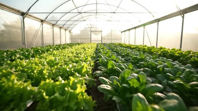 Low angle view of rows of fresh green lettuce and spinach plants growing inside a greenhouse with bright sunlight.