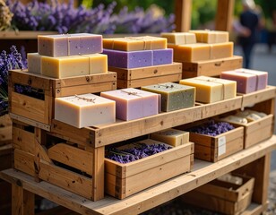 Assortment of handmade soaps in various colors, arranged on wooden crates. Lavender sprigs add a fragrant touch to the display