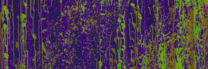 Purple and Yellow Paint Splatter on Corrugated Metal. Banner.