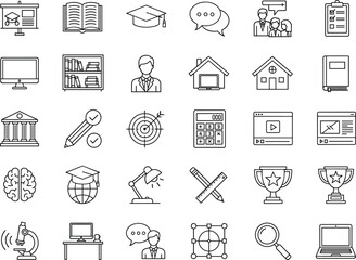 Comprehensive Education And E-learning Line Icon Set Featuring Graduation Cap University Building Book Calculator And Online Study Tools