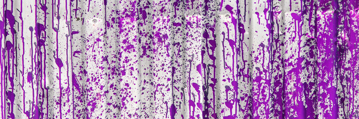 Purple Paint Splatter on Corrugated Metal. Abstract banner surface.