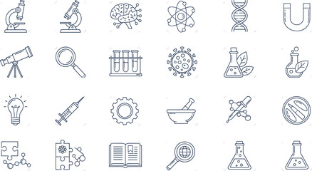 Comprehensive Set Of Science And Laboratory Line Icons Featuring Microscope DNA Molecule Research Tools And Chemistry Equipment Vector