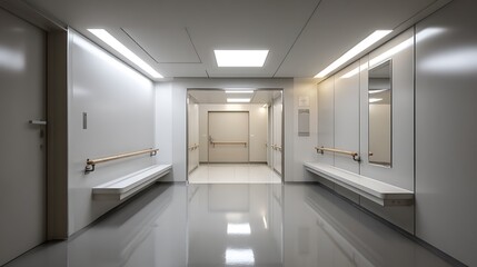 Modern Clean Hospital Corridor With Mirrors And Sinks.