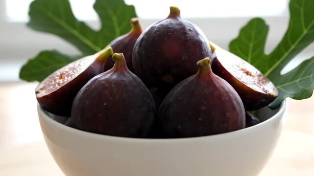 Ripe and Juicy Figs in a White Bowl with Lush Green Fig Leaves with a Bright Window in the Background