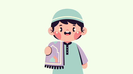 Happy little Muslim boy holding prayer mat with joyful expression