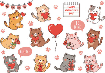 Cute kawaii cat characters set for Valentine Day with red hearts gifts and love balloons vector illustration isolated