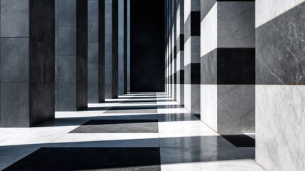 Towering modern architecture with alternating black granite and white marble blocks arranged rhythmic contrasting layers Shadows create depth