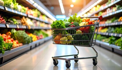 A shopping cart overflowing with fresh produce, brightly lit in a grocery store aisle filled with more fruits and vegetables