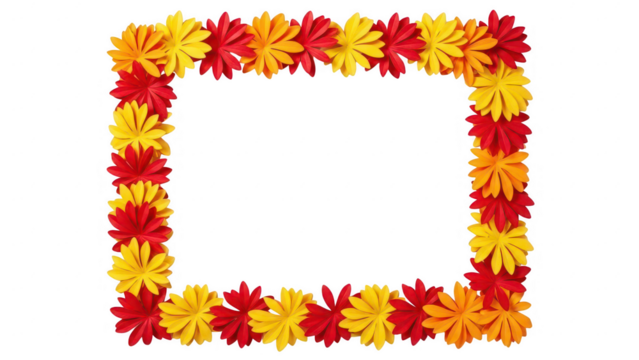 Decorative frame made of vibrant yellow and orange flowers arranged in a rectangular shape on a transparent background - Powered by Adobe