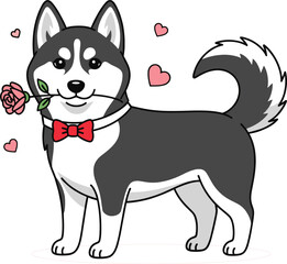 Cute Valentine Husky Dog Vector Illustration Holding a Rose in Mouth with Red Bow Tie and Pink Hearts Background.