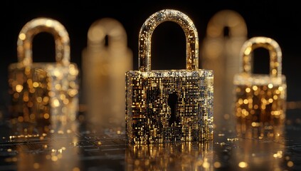 Close-up of gold digital padlocks against a dark backdrop, symbolizing data security