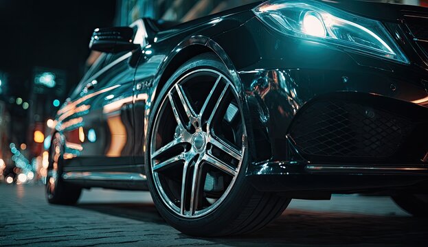 Close-up of a sleek, black luxury vehicle's front quarter, illuminated by city lights at night