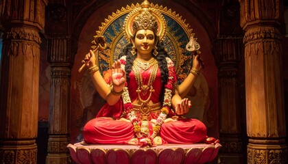 Fototapeta premium Beautifully Crafted Statue of Hindu Goddess Adorned with Ornate Jewelry and Regal Crown.