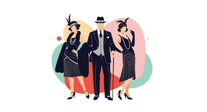 Elegant group of people dressed in stylish 1920s fashion, including a gentleman in a suit and two women in flapper dresses.