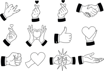 Set of line art hand gestures including finger hearts handshake thumbs up and fist bump symbols for love and friendship vector