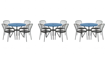 Modern dining table set with three chairs and a round table with a blue surface for social gatherings and meals isolated on transparent background