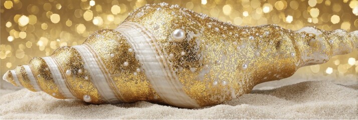 Golden seashell resting on the sand, close-up shot with sparkling bokeh background