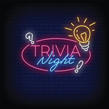 trivia night neon signboard with brick wall background vector