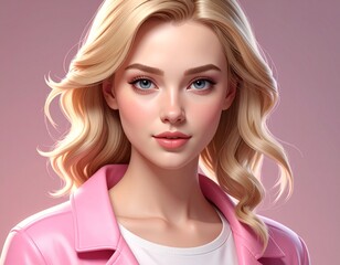 Fototapeta premium Beautiful Young Woman with Blonde Wavy Hair and Pink Jacket, Portrait.