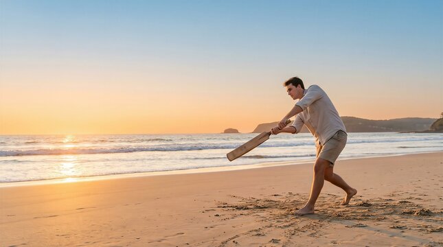 Young Man Playing Beach Cricket at Sunset on Australian Coast