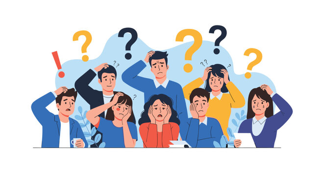 Confused and anxious group of people scratching their heads with large question marks above them, showing doubt and uncertainty.